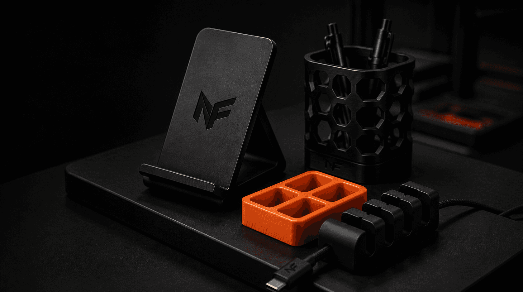 Custom 3D printed NexForge desk accessories